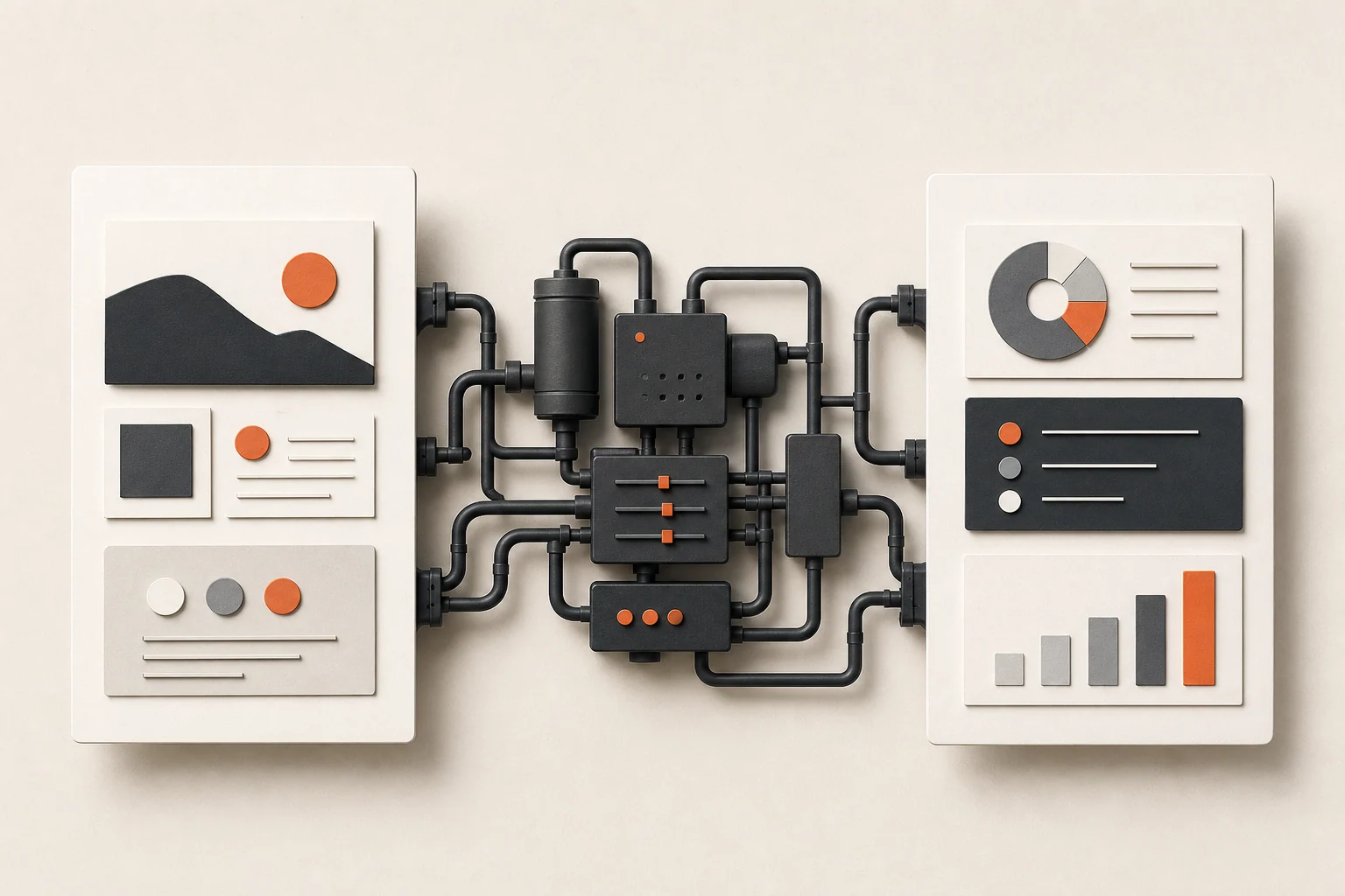 Two polished marketing panels connected through an orderly technical system