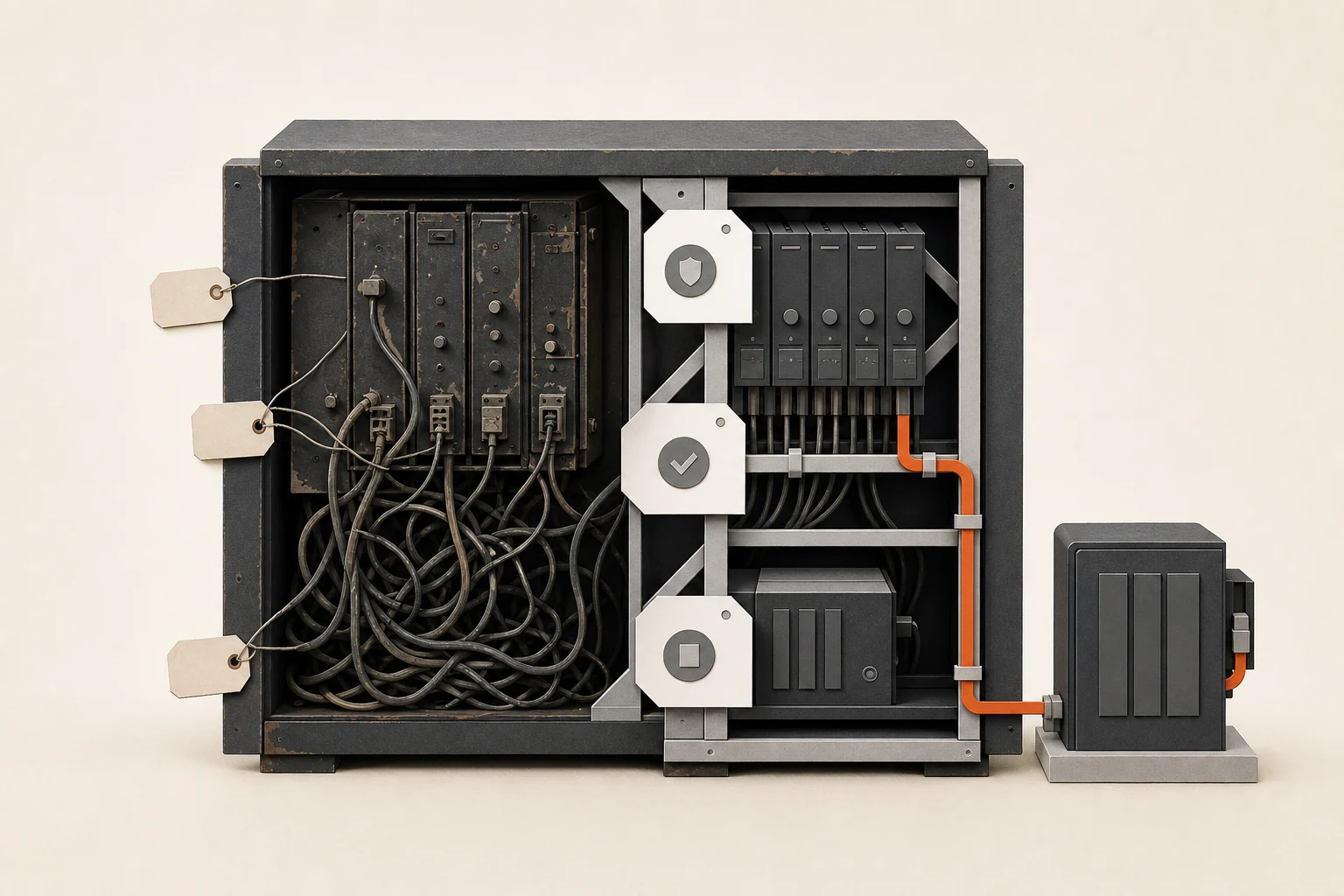 An aging control cabinet stabilized with organized wiring and a dependable backup