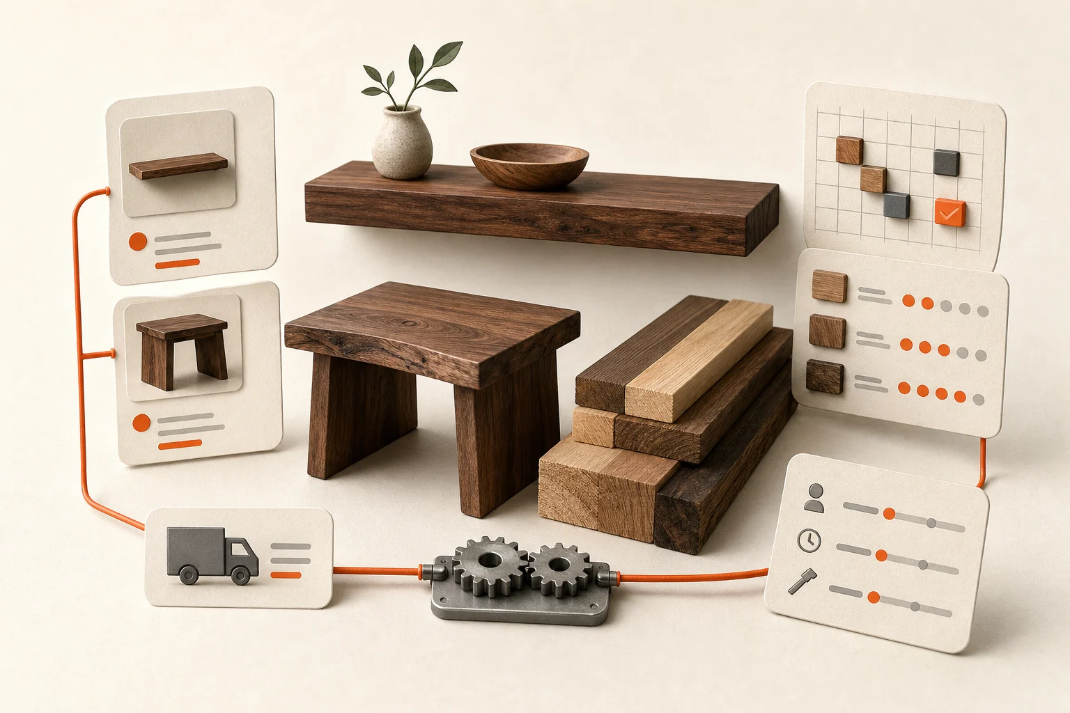 Handmade wood furniture and raw boards connected to an inventory system
